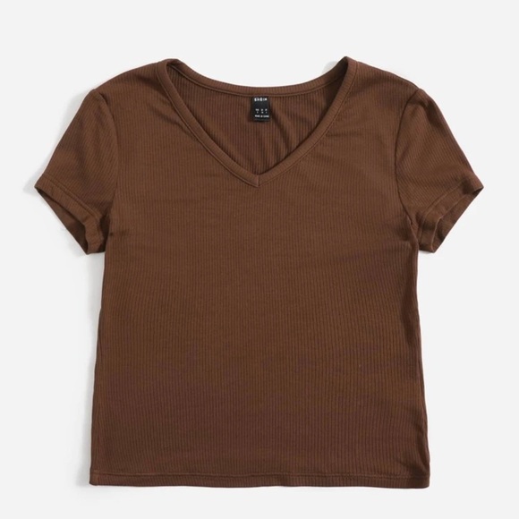 V Neck Rib Knit Solid Tee - Picture 1 of 4